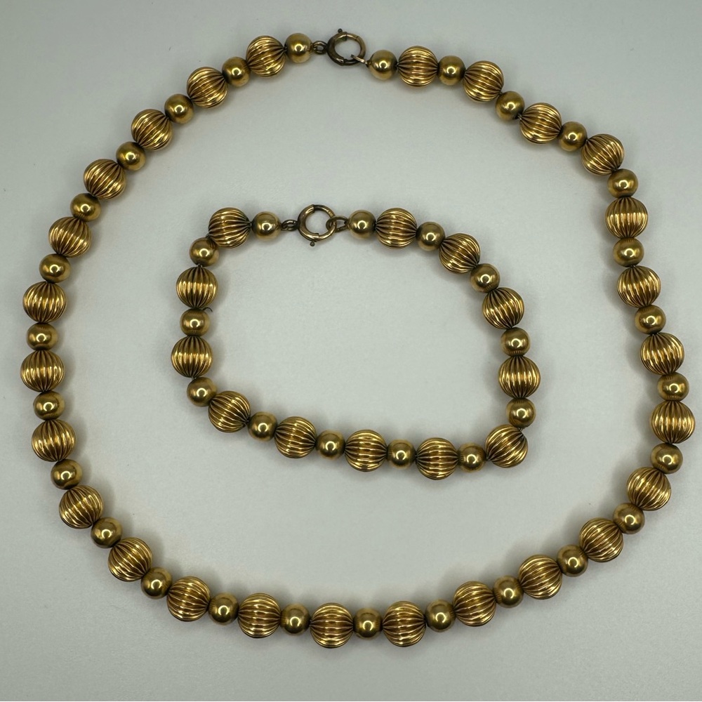 Vintage-Style Gold Bead Necklace and Bracelet Set